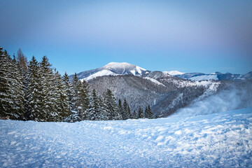 Obraz premium winter landscape with mountains, view from Bürgeralpe, mariazell, styria, austria, snow, winter, sunset