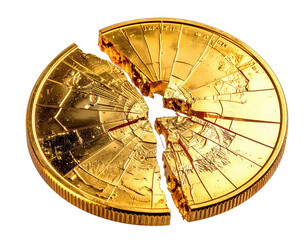 A damaged, broken golden coin with shattered sections revealing inner details