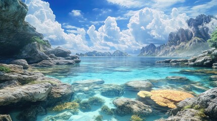 A serene bay where jagged coral rocks form shallow pools glowing brightly under midday sunlight