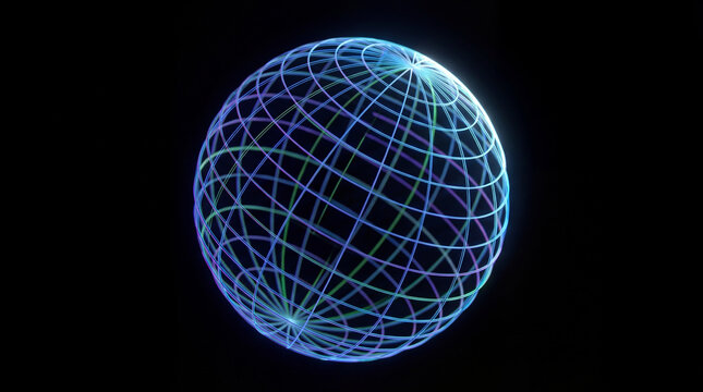Neon wireframe globe floats in darkness. Glowing globe grid shows global network for Earth Day, tech conference branding, digital communication concept, futuristic cyber theme, copy space