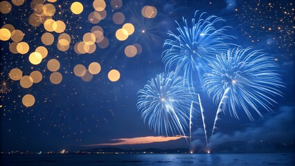 blue Fireworks Display Over Night Lake with Golden Bokeh