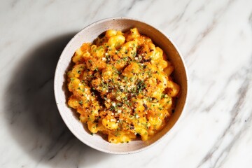 Creamy Macaroni and Cheese (Mac 'n' Cheese) topped with toasted breadcrumbs, chili flakes, and fresh parsley, served in a rustic ceramic bowl on a luxurious white marble table.
