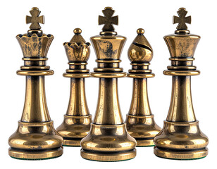 Five antique chess pieces, a king, queen, king, bishop, and king, are aligned