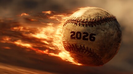 Blazing Baseball with 2026 Branding in Epic Sports-Fantasy Realism