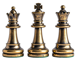 Three metallic chess pieces on a dark background queen, king, and queen