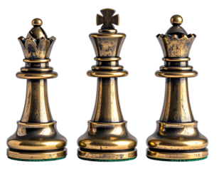 Three metallic chess pieces on a dark background queen, king, and queen