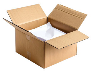 A detailed shot of an opened cardboard box with paper inside. It's empty and ready for packing
