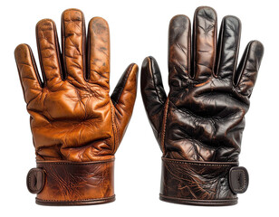 Pair of well-worn leather gloves, one lighter brown, other darker, each featuring wrist strap