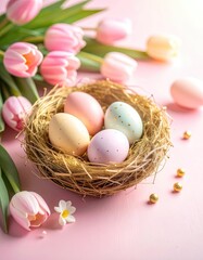 Obraz premium Pastel-colored Easter eggs nestled in a straw nest with pink tulips surrounding them on a light pink surface.
