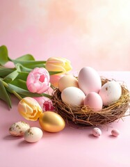 Obraz premium A beautiful arrangement of pastel Easter eggs and pink and yellow tulips on a soft pink background.