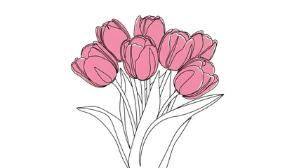 Obraz premium Tulip Bouquet in Simple Line Art with Pink Color on White Background for Greeting Card