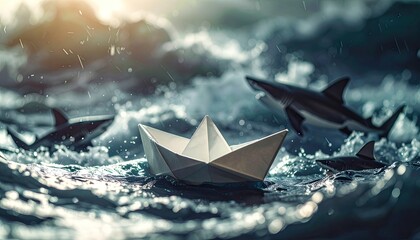 A fragile paper boat navigates stormy seas surrounded by menacing sharks.
