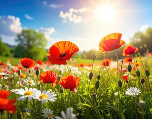 Obraz premium Vibrant red poppies and white daisies bloom brightly under a sunny summer sky in a lush green field.