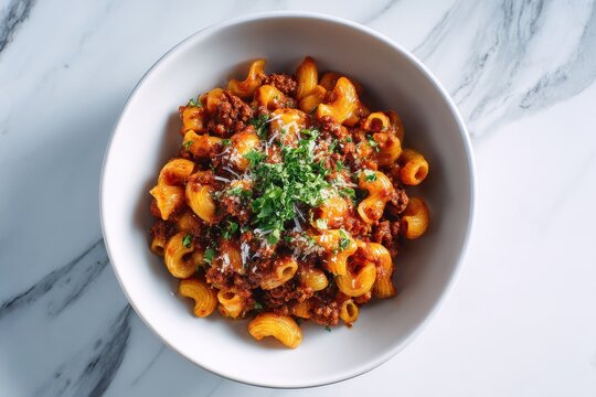 Authentic Italian Gomito Pasta with Rich Ragu Bolognese Sauce, topped with Grated Parmesan Cheese and Fresh Parsley, served in a modern white bowl on marble.