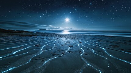 A surreal perspective of glowing sand patterns on an untouched beach under moonlight