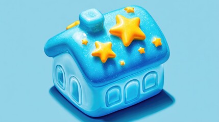 Brightly colored, stylized miniature dwelling features glittering blue roof adorned with yellow celestial shapes