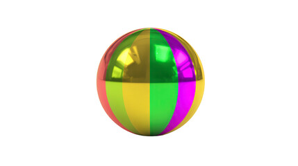 Colorful striped beach ball with glossy surface reflecting light, featuring yellow, green, pink, and purple segments, isolated on transparent background, playful and vibrant