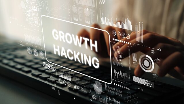 Growth Hacking Strategy with Digital Interface and Coding Hands on Keyboard in Modern Workspace. Asymptotic smart data analytic. - Powered by Adobe