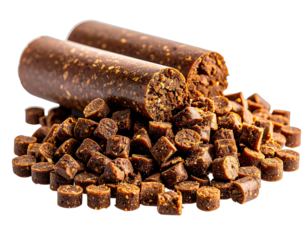 Close-up of sliced sausage-like food, two whole rolls on top, with many cut pieces