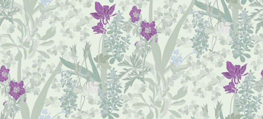 Vintage pattern with beautiful flowers on a light cream background, for the production of fabrics, wallpaper, packaging