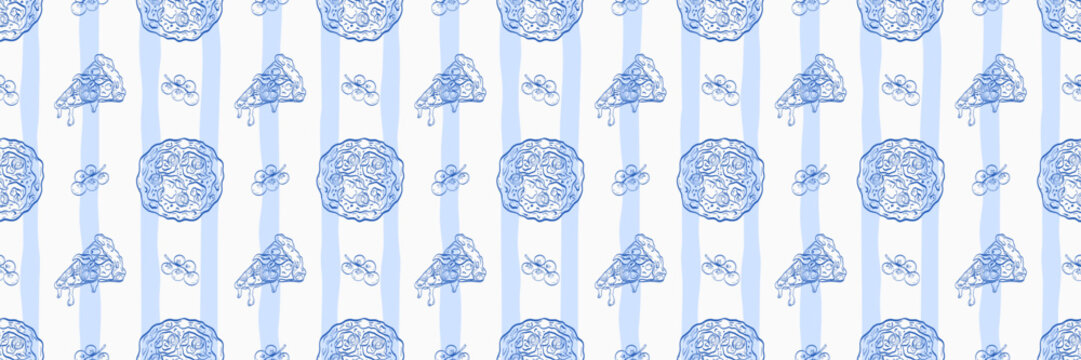 Seamless pattern with pizza slices, tomatoes, herbs and cheese on a warm background. Italian food theme suitable for packaging, restaurant branding, textiles, stationery and kitchen decor