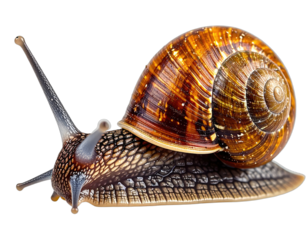 Macro shot of a land mollusk with a spiraled shell, antennae, and textured body