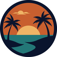 Circular emblem with calm evening tropical mood for summer travel logo and apparel Vector illustration © Hassain