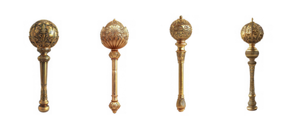 Four ornate golden maces with intricate designs and long handles are displayed on transparent background