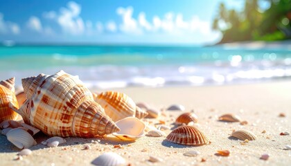 Close-up of large seashells resting on sunlit white sand at the ocean's edge.