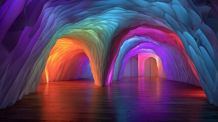 Vibrant colorful wave tunnels shaped by light and water reflections in an abstract architectural environment