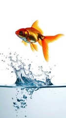 Vibrant goldfish leaps dramatically from clear water creating a dynamic splash against a white background.