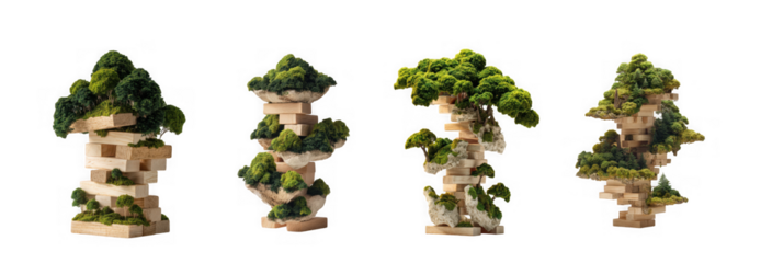 Four stacked wooden blocks with lush green tree foliage appearing as miniature floating islands on transparent background