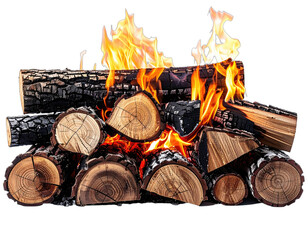 A stack of logs ablaze with flames and a beautiful glow. The wood grain is clearly visible