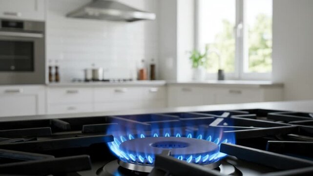 Close-up of an intense blue stove flame symbolizing domestic gas usage and rising energy prices. Close-up of burning stove flame &ndash; concept of rising kitchen gas prices