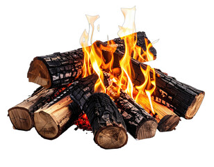 Close-up of burning firewood with bright flames, isolated against a black background