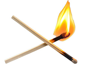 Two wooden matches, one ablaze with flame, crossing against a stark black backdrop