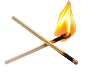 Two wooden matches, one ablaze with flame, crossing against a stark black backdrop