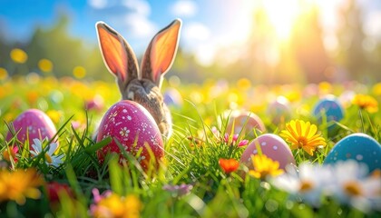 An Easter bunny with brightly colored eggs hidden in a sunlit, blooming spring meadow.