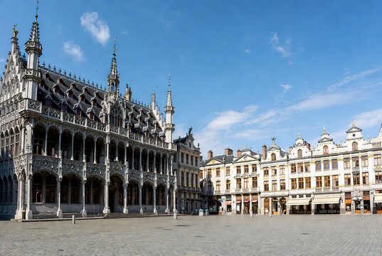 Ornate Gothic building and historic guild houses in a sunny European town