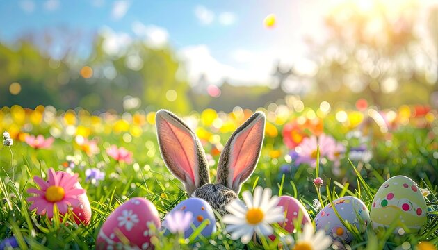 Easter bunny ears peek over brightly colored eggs in a sunny, blooming meadow.