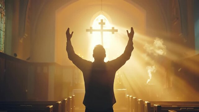 Spiritual person raising hands in prayer, bathed in divine golden light inside a sacred church, expressing heartfelt devotion, solemn praise, profound religious faith.