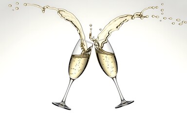 Two champagne glasses clinking with a splash of sparkling wine or prosecco, isolated on white background. Realistic 3D illustration for celebration, wedding, New Year, and luxury party concept.