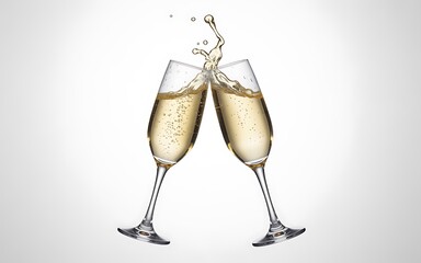 Two champagne glasses clinking with a splash of sparkling wine or prosecco, isolated on white background. Realistic 3D illustration for celebration, wedding, New Year, and luxury party concept.