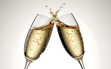 Two champagne glasses clinking with a splash of sparkling wine or prosecco, isolated on white background. Realistic 3D illustration for celebration, wedding, New Year, and luxury party concept.