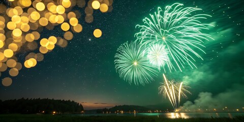 green  Fireworks Display Over Night Lake with Golden Bokeh