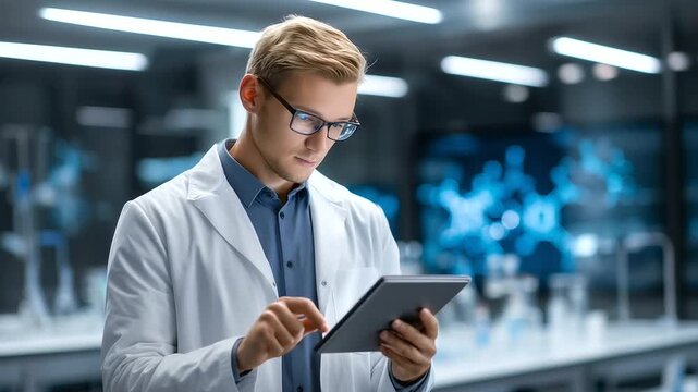 Male doctor using tablet in modern hospital laboratory, healthcare technology, medical professional, digital diagnosis, physician portrait, clinic innovation, medicine and research, copy space.