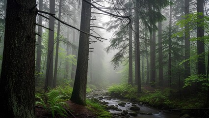 Fototapeta premium Misty forest with a stream flowing through it, surrounded by tall trees and lush green foliage.