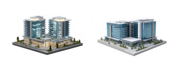 Detailed voxel art buildings two distinct modern architectural designs ideal for game assets on transparent background