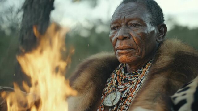 Elderly African chieftain meditating thoughtfully by crackling flames, adorned in a grand traditional fur garment and vibrant beaded jewelry, preserving ancient heritage.