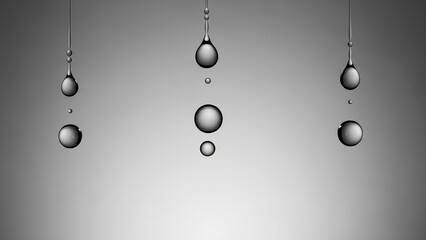 Three sets of clear water drops suspended against a smooth grey gradient background, showing various sizes and reflections.